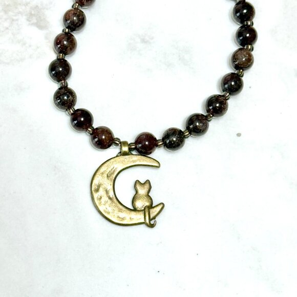 Deep Wine Red Garnet Short Necklace, Genuine Gemstone & Bronze Cat on the Moon - Picture 5 of 15
